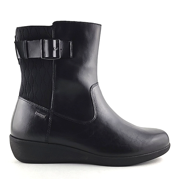 Aravon Women's Black Waterproof Leather Short Wedge Boots Buckle Strap Size 11 - Picture 1 of 16